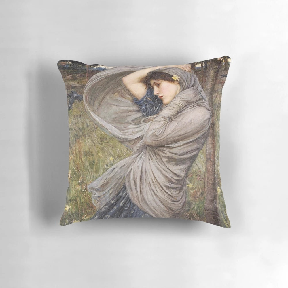 Vintage inspired 'Boreas' pillow featuring a classic Waterhouse painting of a lady in the wind