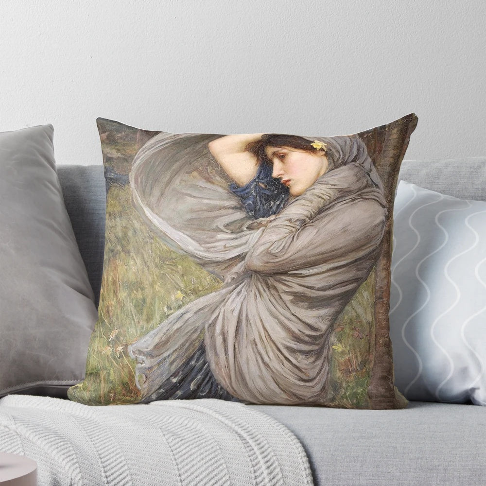 Vintage inspired 'Boreas' pillow featuring a classic Waterhouse painting of a lady in the wind
