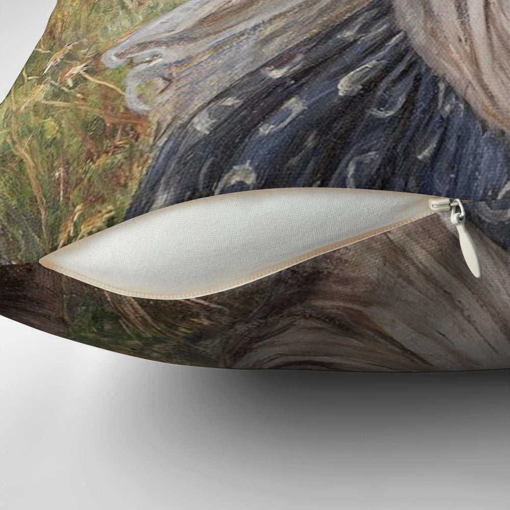 Vintage inspired 'Boreas' pillow featuring a classic Waterhouse painting of a lady in the wind