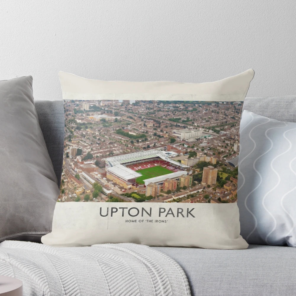 Vintage West Ham United FC football grounds pillow featuring the iconic Upton Park stadium