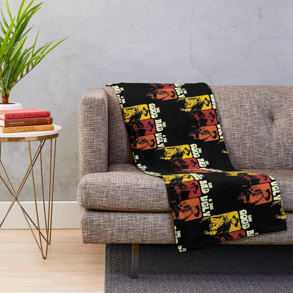 Vintage western-themed plush blanket featuring iconic imagery from the classic film "The Good, The Bad, and The Ugly