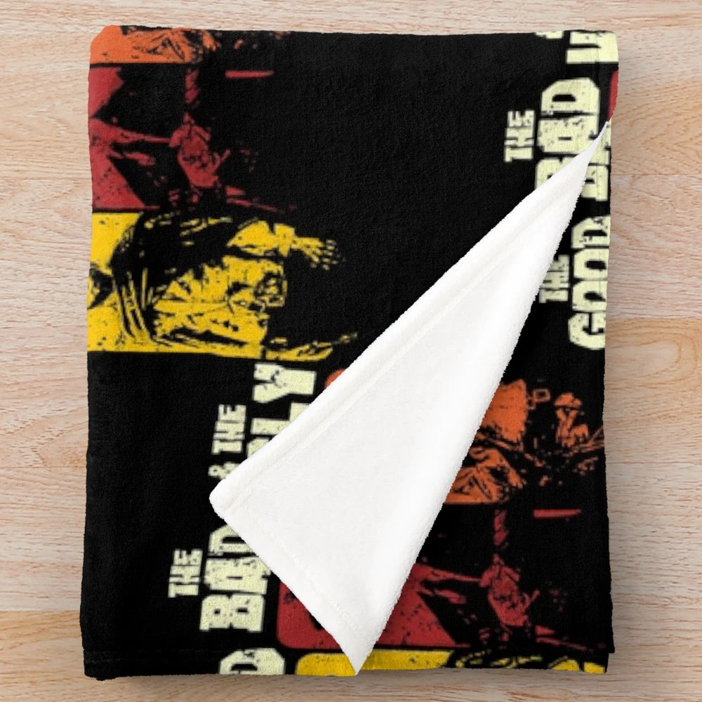 Vintage western-themed plush blanket featuring iconic imagery from the classic film "The Good, The Bad, and The Ugly
