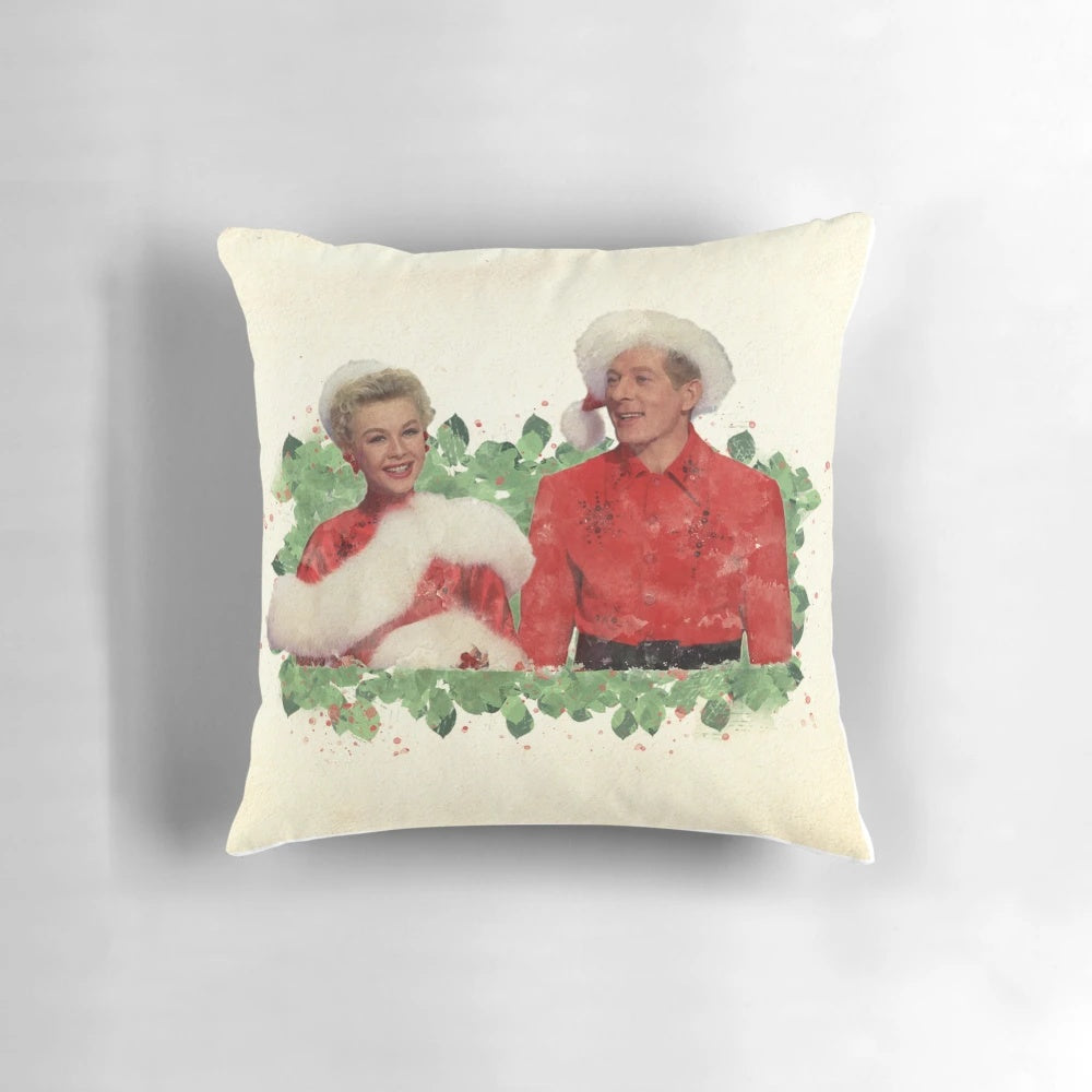 Vintage-inspired "White Christmas" pillow featuring Phil, Judy, and other classic characters from the beloved holiday film.