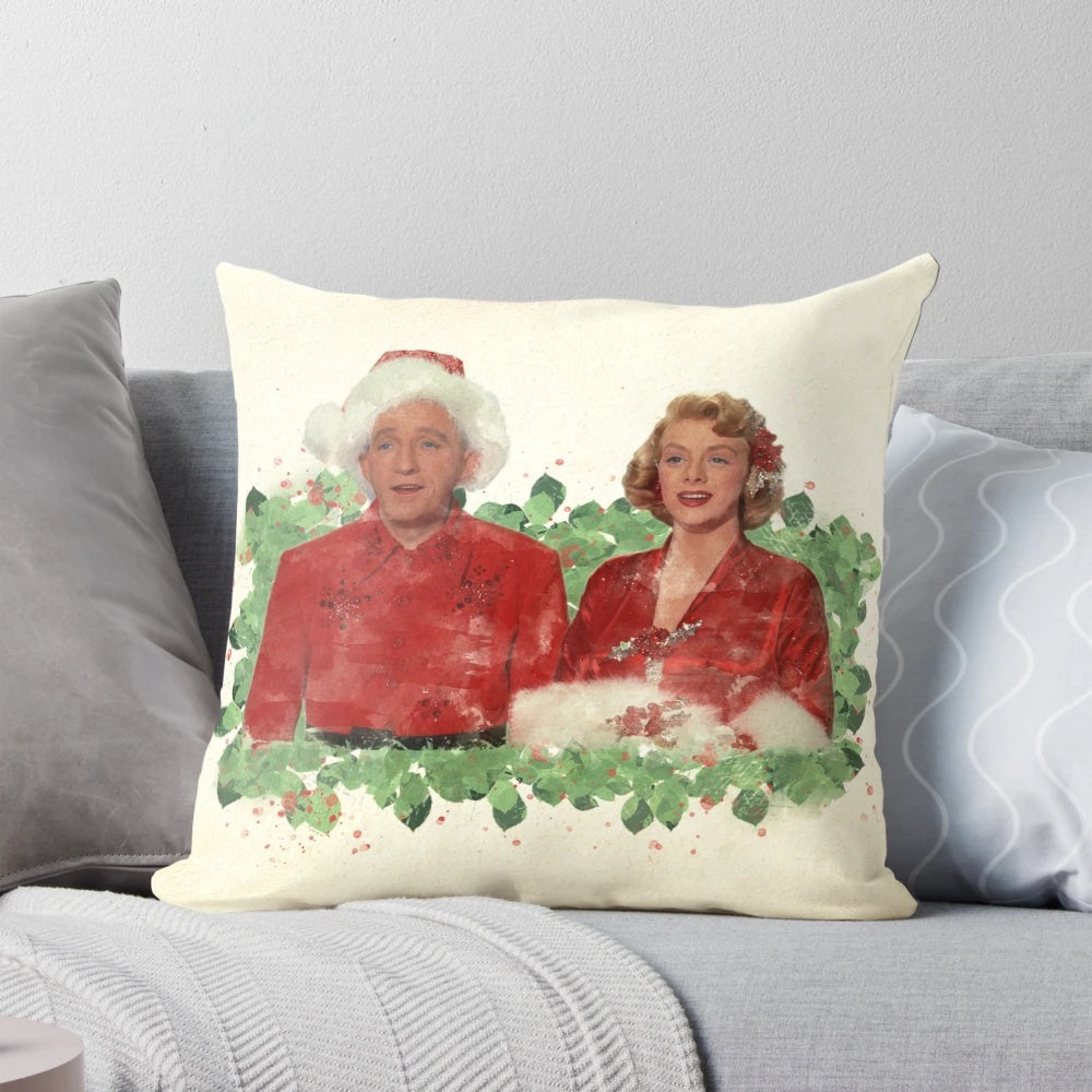 Vintage white Christmas pillow featuring characters Bob Wallace and Betty Haynes from the classic movie "White Christmas"