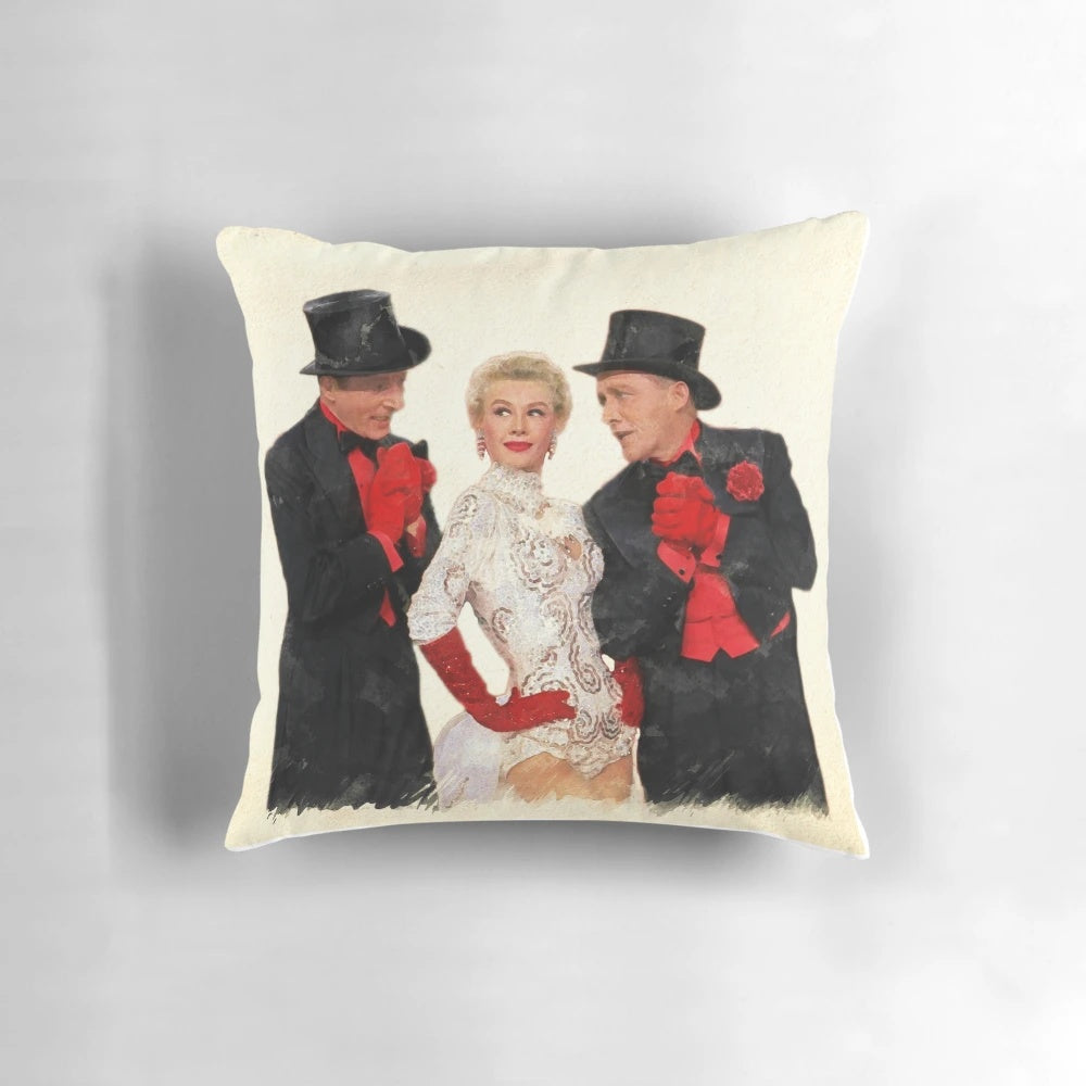 Vintage "White Christmas" pillow featuring Bing Crosby, Danny Kaye, Vera Ellen, and other classic Hollywood stars.