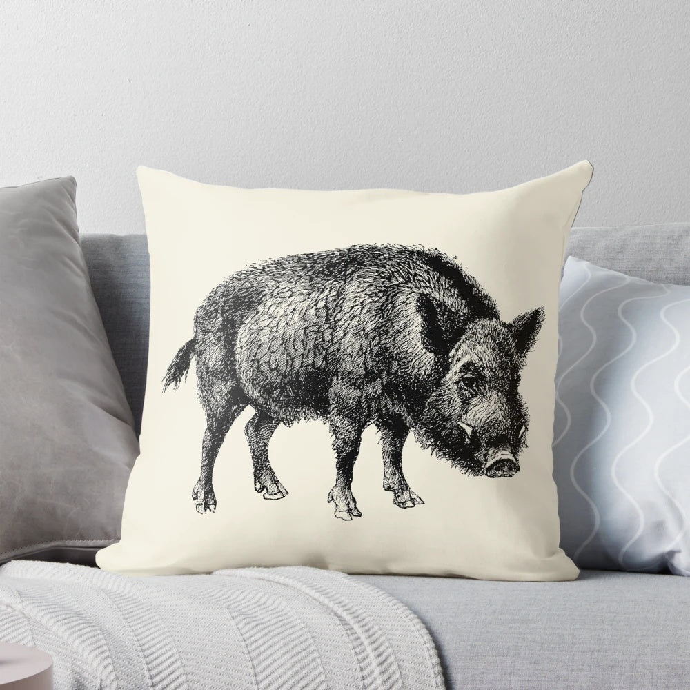Vintage-style decorative pillow featuring a cute illustration of a wild boar or warthog with tusks.