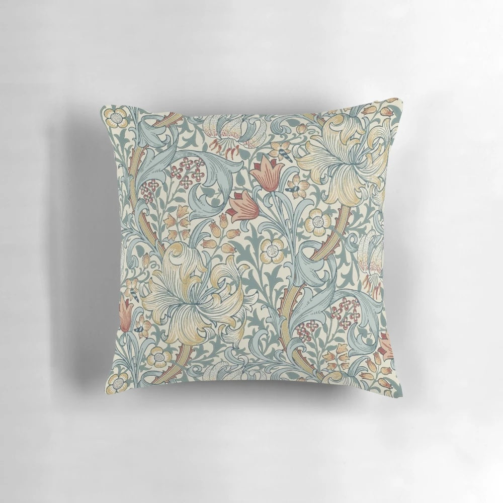 Vibrant William Morris inspired botanical art printed on a soft, high-quality throw pillow.