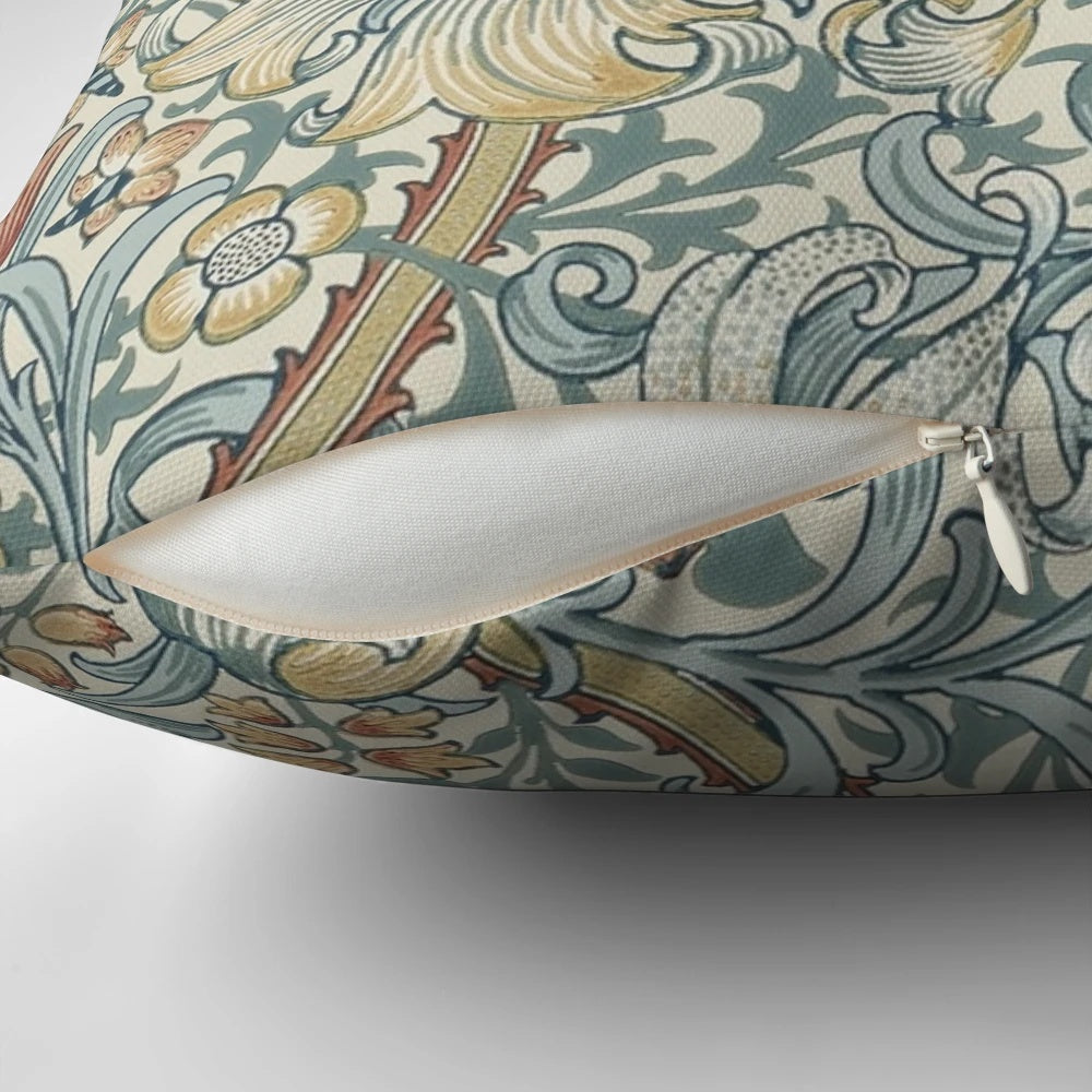Vibrant William Morris inspired botanical art printed on a soft, high-quality throw pillow.