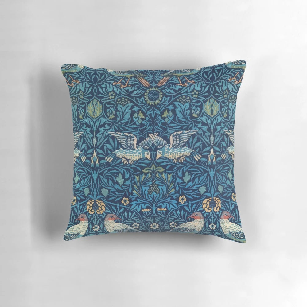 Vintage William Morris birds pattern pillow with a floral, art nouveau botanical design.