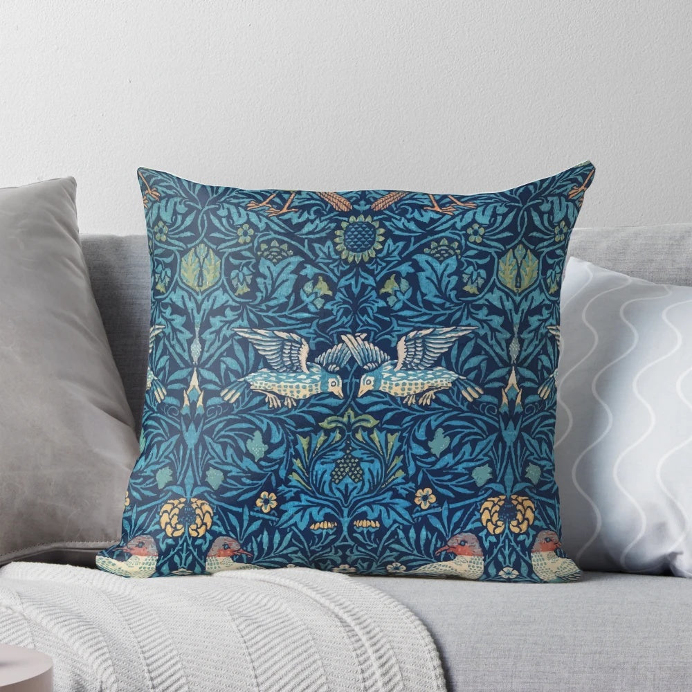 Vintage William Morris birds pattern pillow with a floral, art nouveau botanical design.
