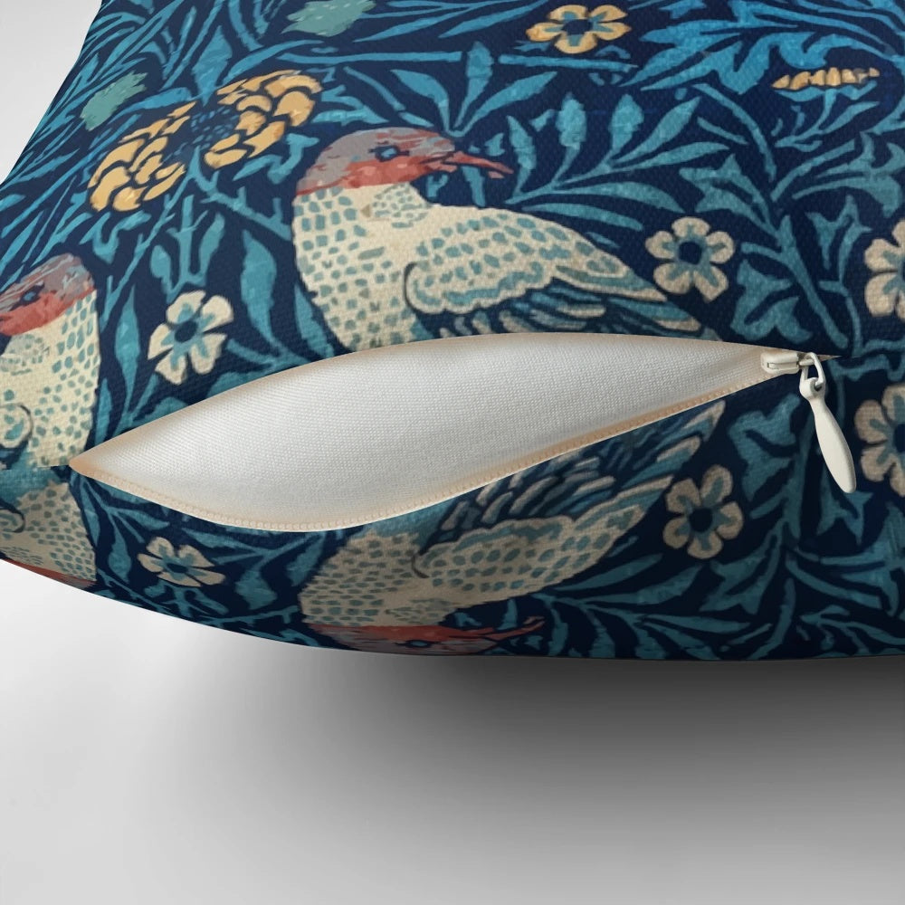 Vintage William Morris birds pattern pillow with a floral, art nouveau botanical design.