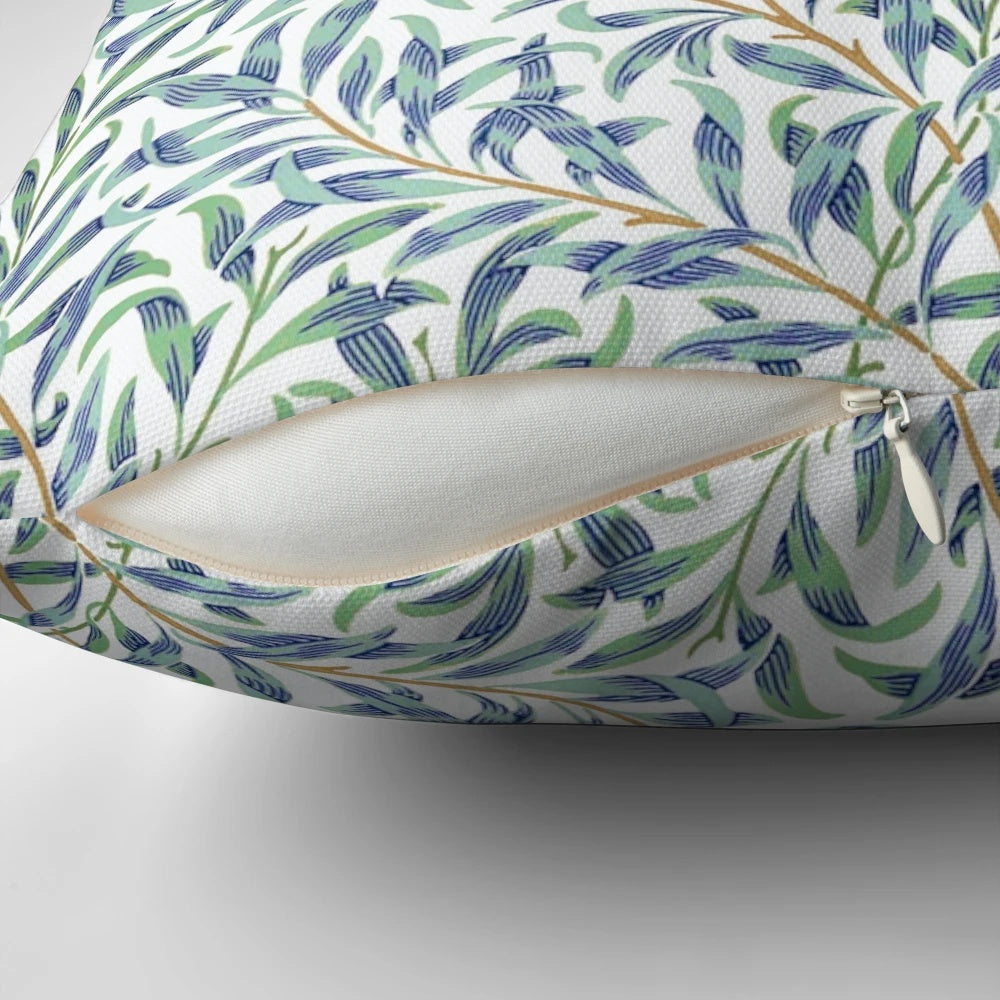 Vintage-inspired William Morris pillow featuring a beautiful botanical leaf pattern in shades of blue and green on an off-white background.