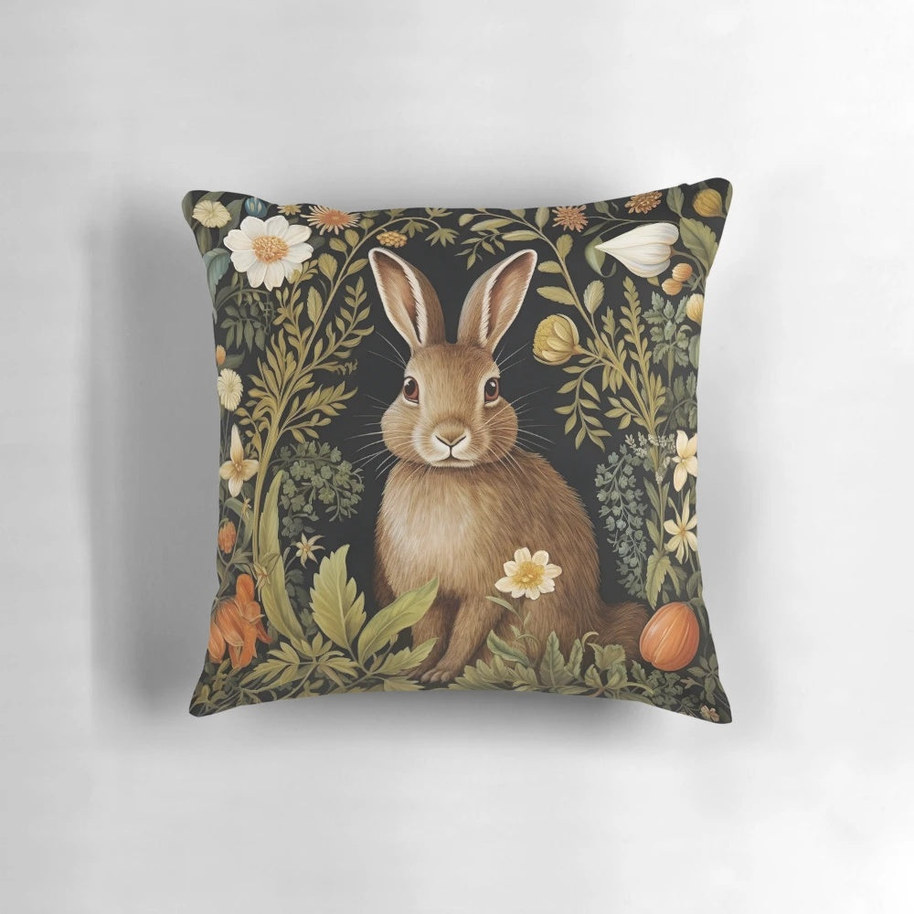 Vintage-style pillow featuring a botanical floral and rabbit design in the style of William Morris