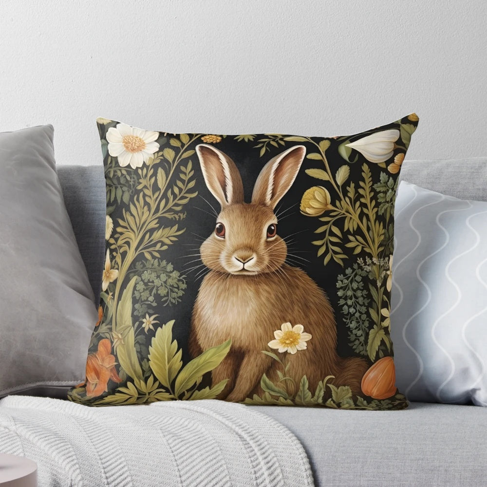 Vintage-style pillow featuring a botanical floral and rabbit design in the style of William Morris