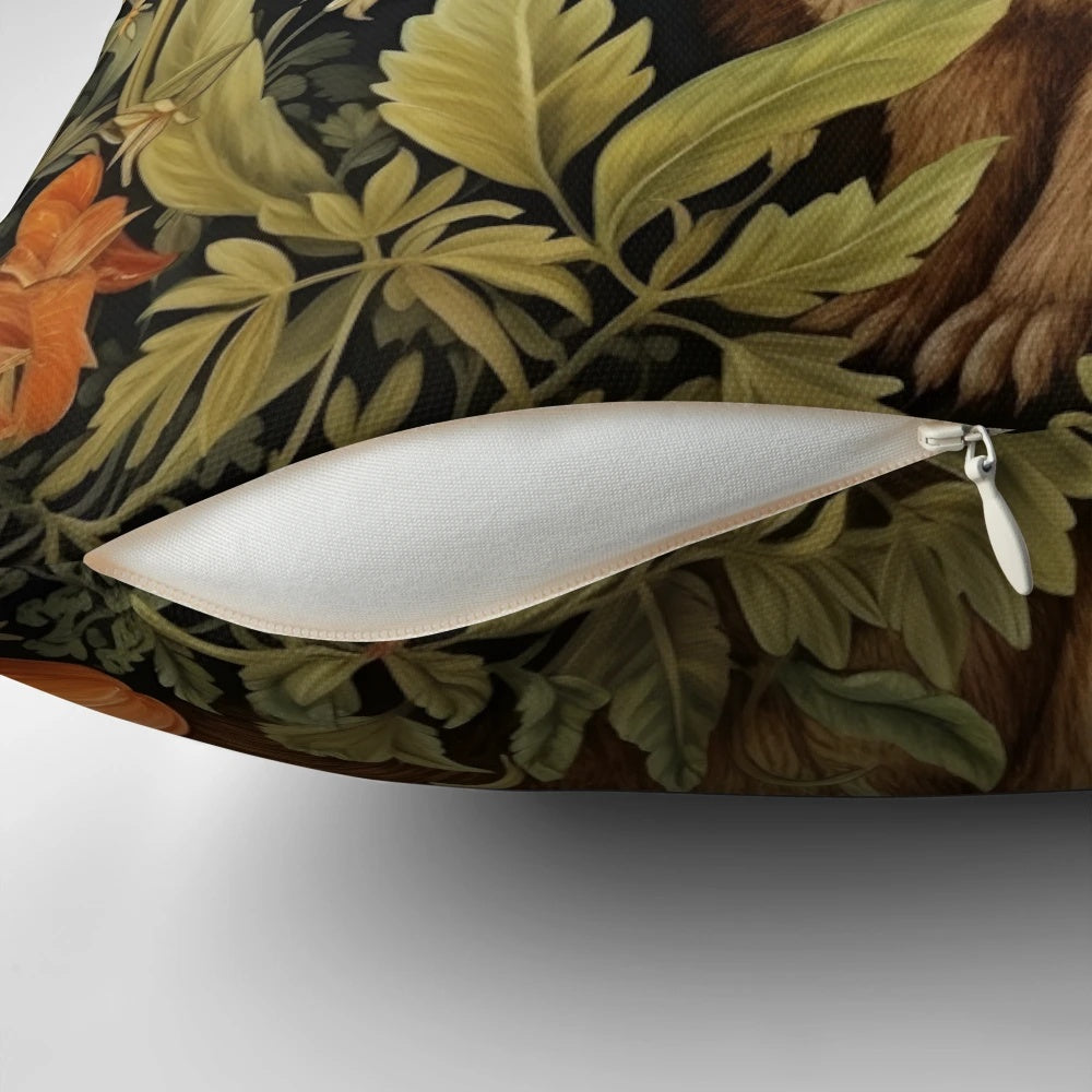 Vintage-style pillow featuring a botanical floral and rabbit design in the style of William Morris