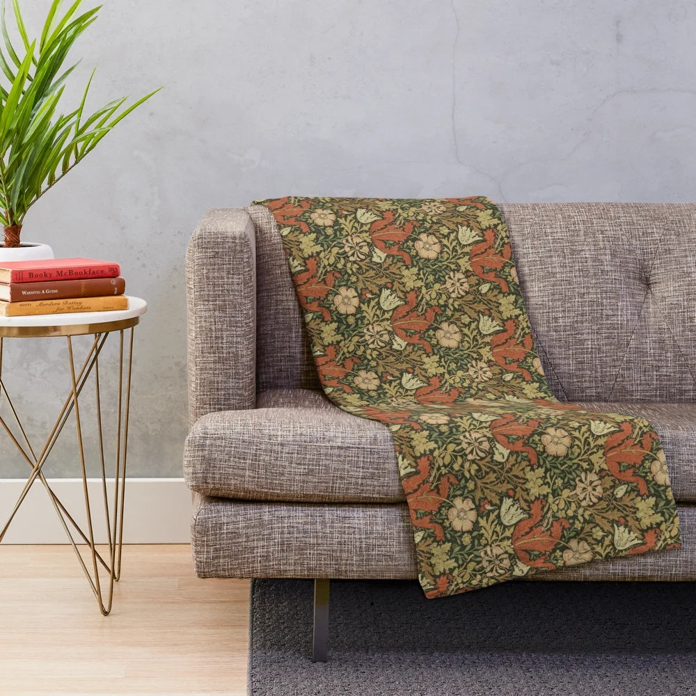 Vintage William Morris inspired plush blanket with honeysuckle floral design