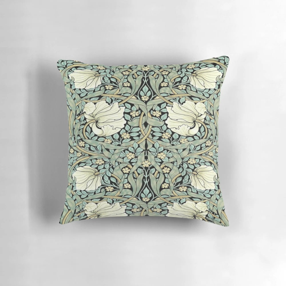 Vintage-inspired William Morris Pimpernel botanical design pillow for farmhouse and home decor