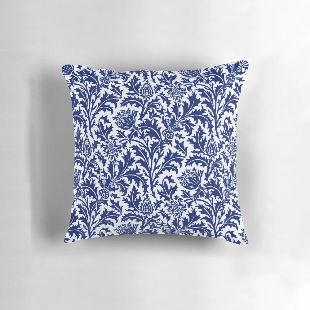 Vintage William Morris Thistle Damask Pillow in Navy Blue and White