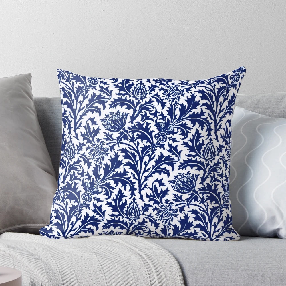 Vintage William Morris Thistle Damask Pillow in Navy Blue and White