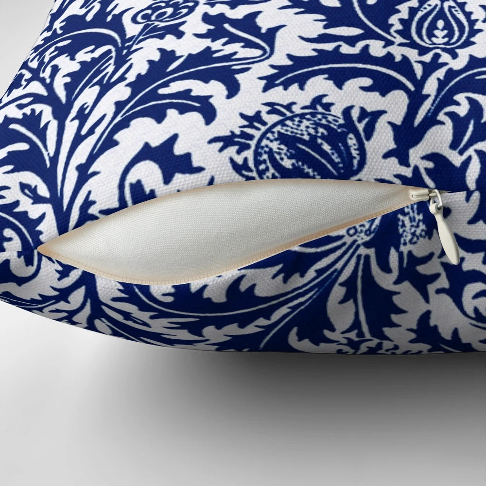 Vintage William Morris Thistle Damask Pillow in Navy Blue and White