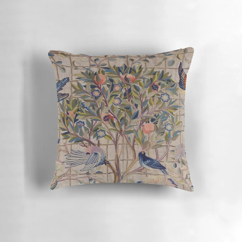 Vintage William Morris Trellis Embroidery Pillow with Floral and Botanical Patterns