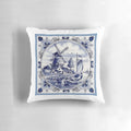 Vintage-inspired blue and white printed pillow featuring a Dutch Delft style windmill scene