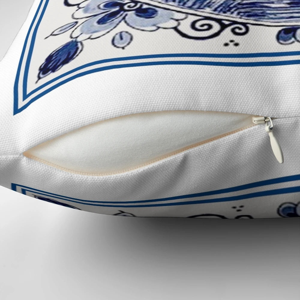 Vintage-inspired blue and white printed pillow featuring a Dutch Delft style windmill scene