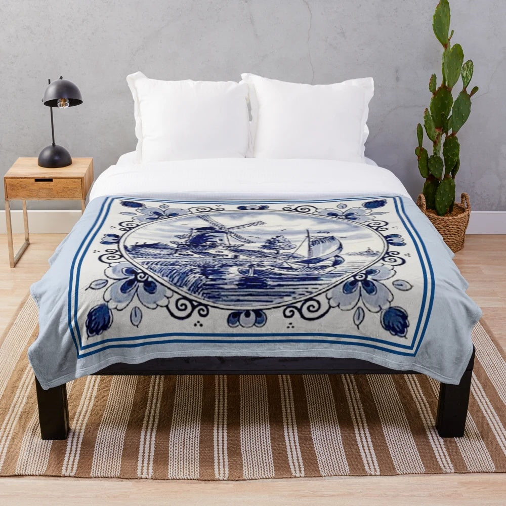 Vintage Windmill Print Plush Blanket in Dutch Delft Inspired Design