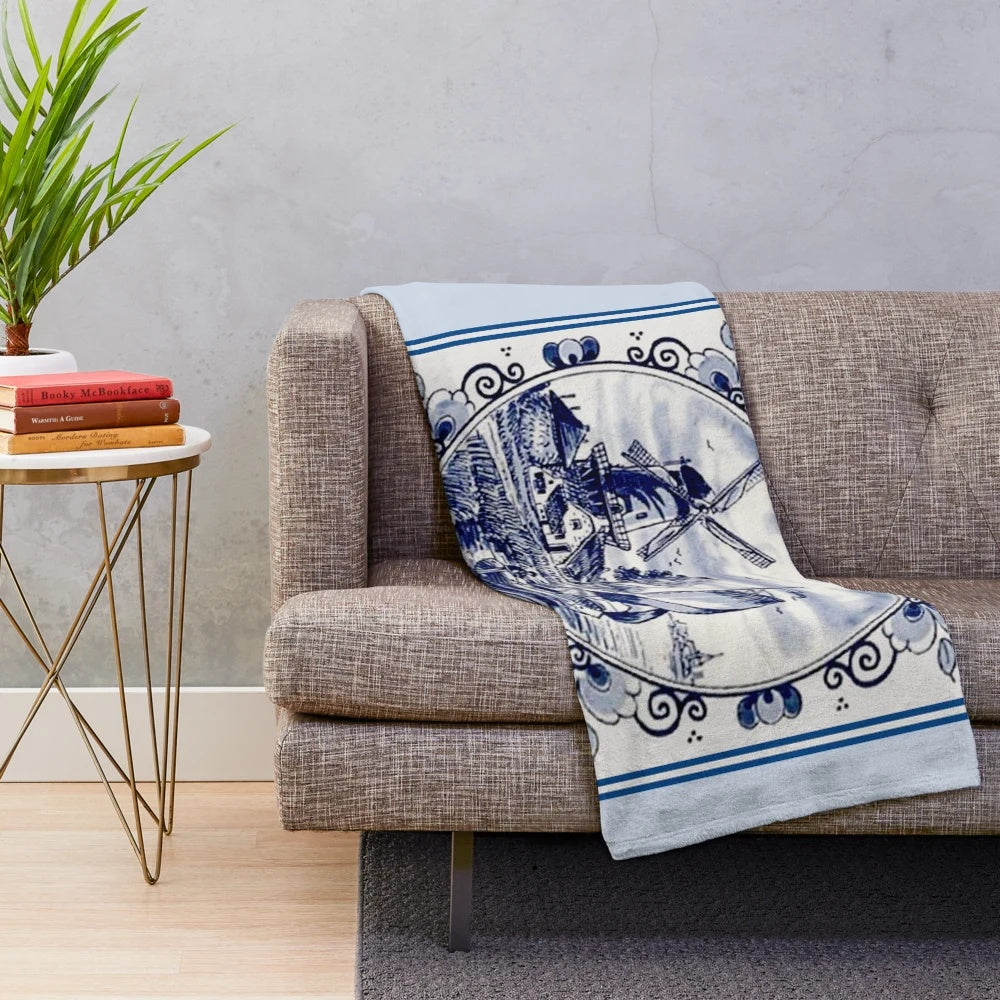 Vintage Windmill Print Plush Blanket in Dutch Delft Inspired Design