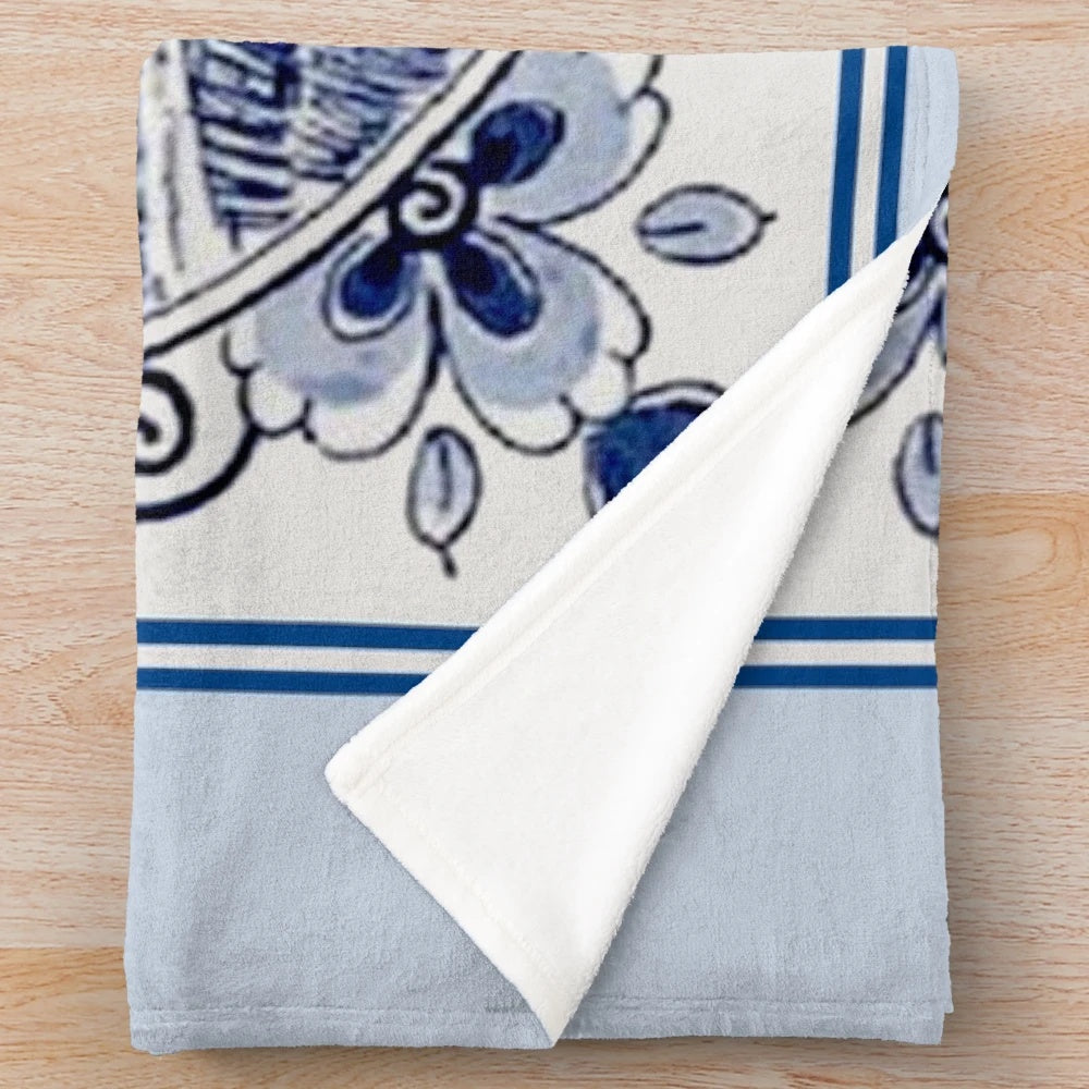 Vintage Windmill Print Plush Blanket in Dutch Delft Inspired Design