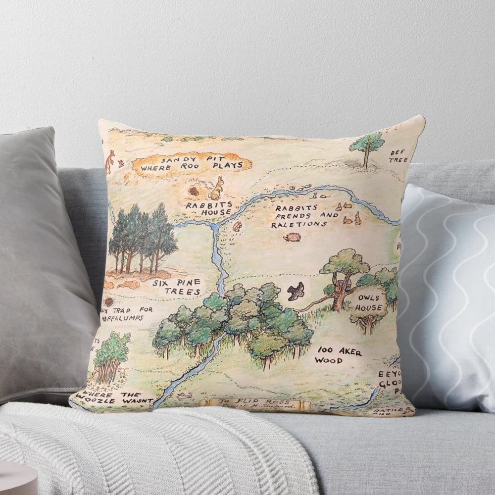 Vintage illustration of the 100 Acre Wood from Winnie the Pooh printed on a soft, plush pillow