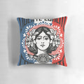 Vintage-inspired pillow with the words "Liberte, Egalite, Fraternite" and an Angela Fairey-style design