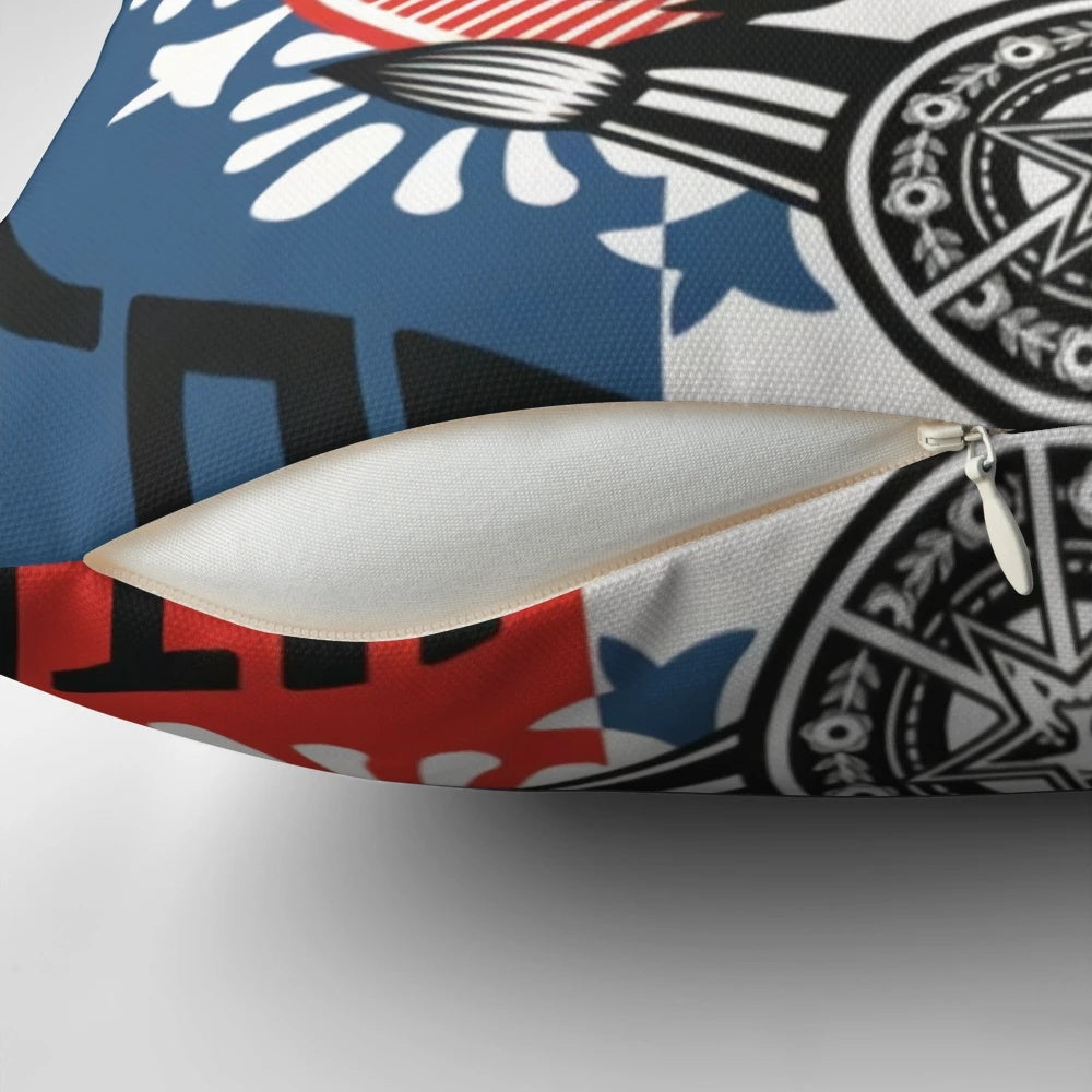 Vintage-inspired pillow with the words "Liberte, Egalite, Fraternite" and an Angela Fairey-style design