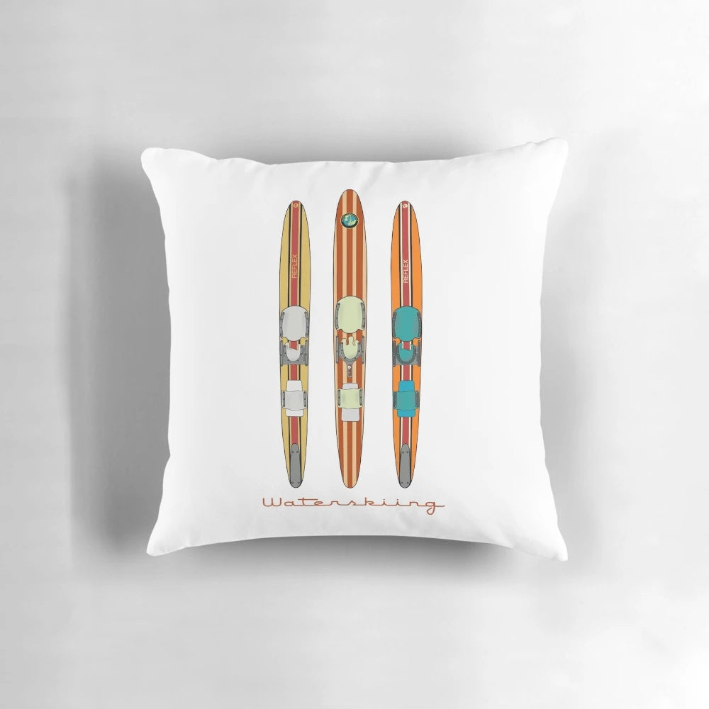Vintage wooden water skis decorative throw pillow with classic boat and water sports design