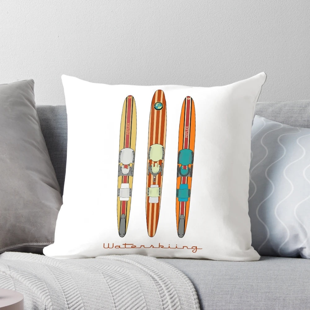 Vintage wooden water skis decorative throw pillow with classic boat and water sports design