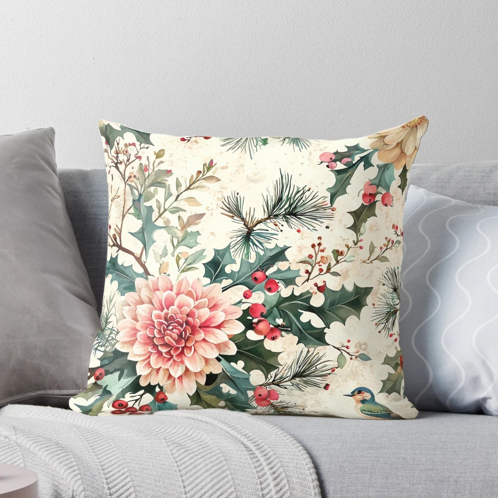 Vintage-style pillow with a whimsical woodland bird pattern, perfect for holiday home decor.