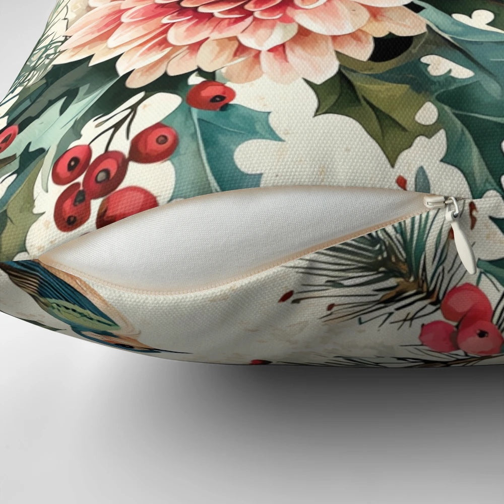 Vintage-style pillow with a whimsical woodland bird pattern, perfect for holiday home decor.