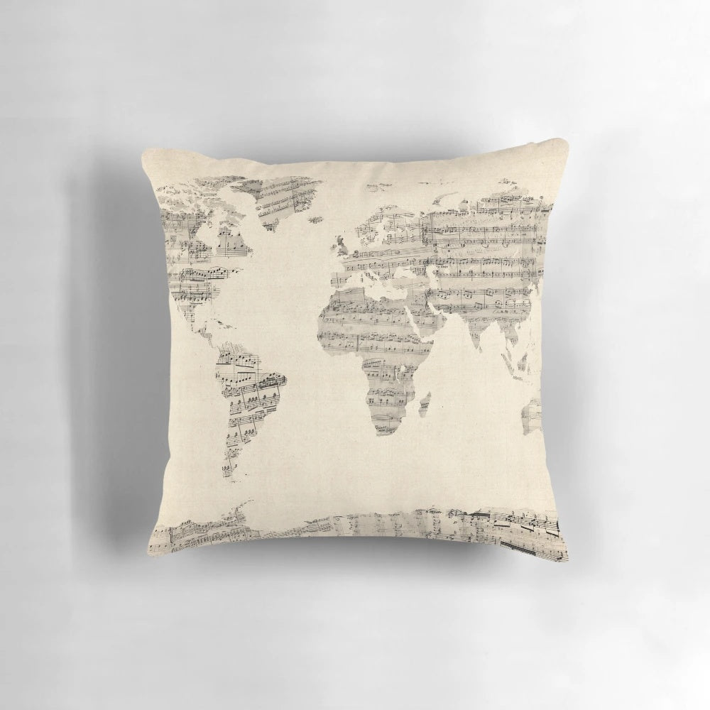 Vintage world map printed on pillow made from old sheet music