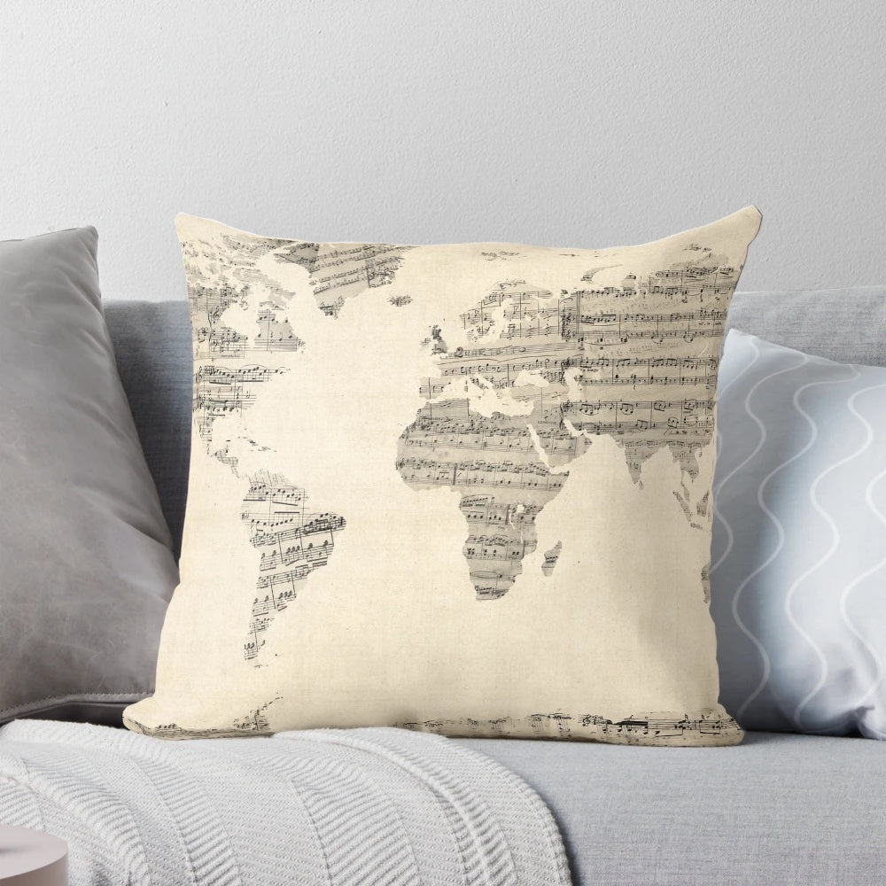 Vintage world map printed on pillow made from old sheet music