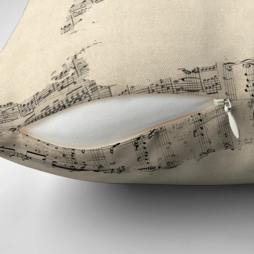Vintage world map printed on pillow made from old sheet music