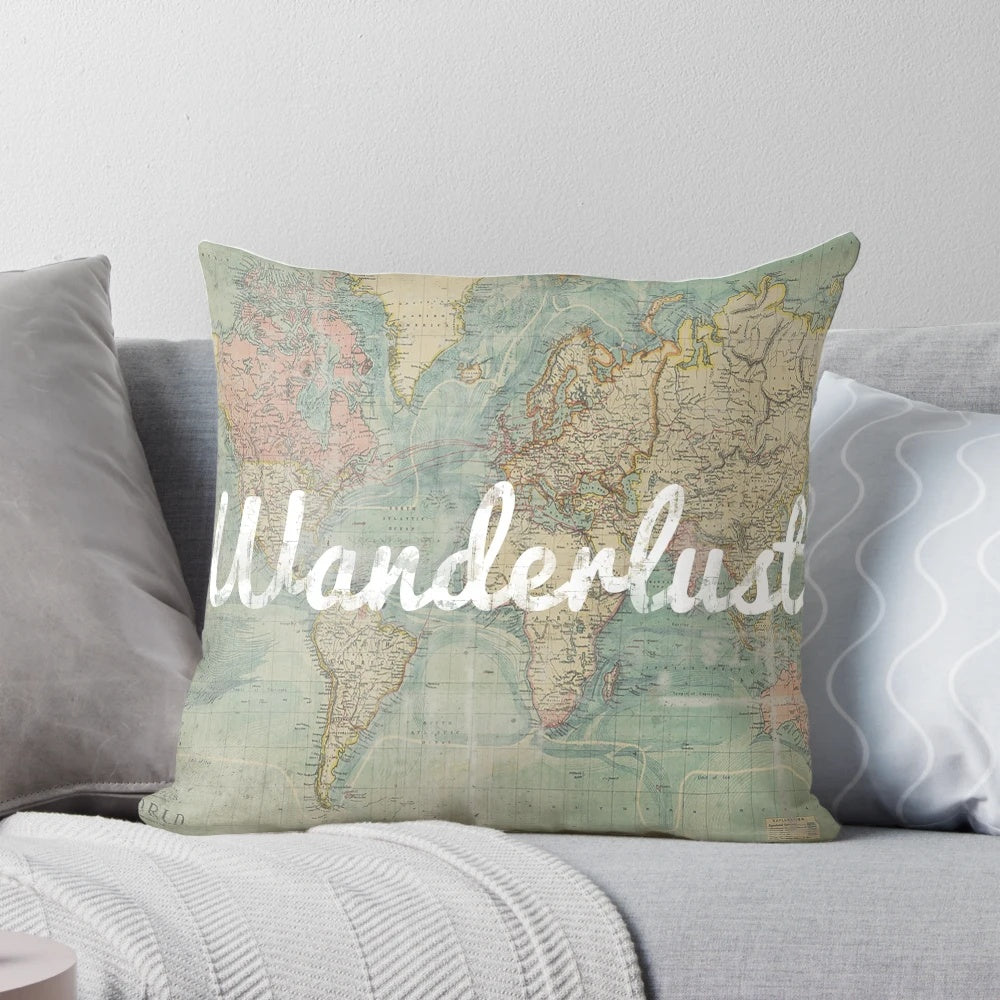 Vintage distressed world map printed on soft, comfortable pillow