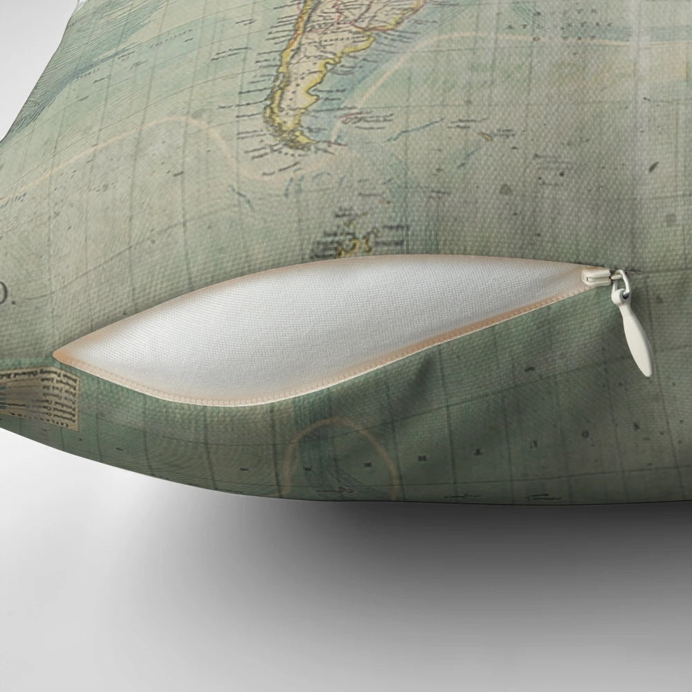 Vintage distressed world map printed on soft, comfortable pillow