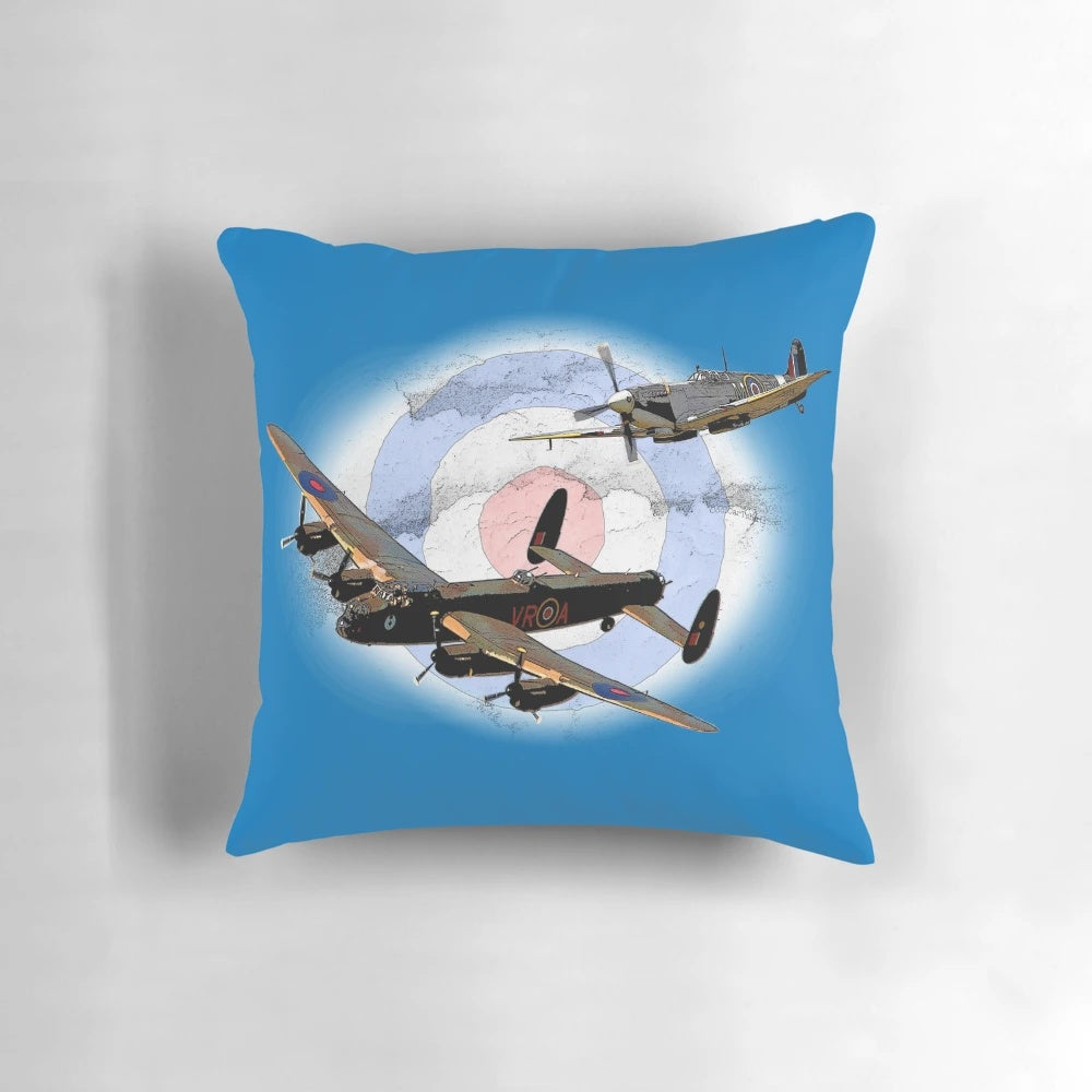 Vintage World War II aircraft pillow featuring the Lancaster bomber and Spitfire fighter
