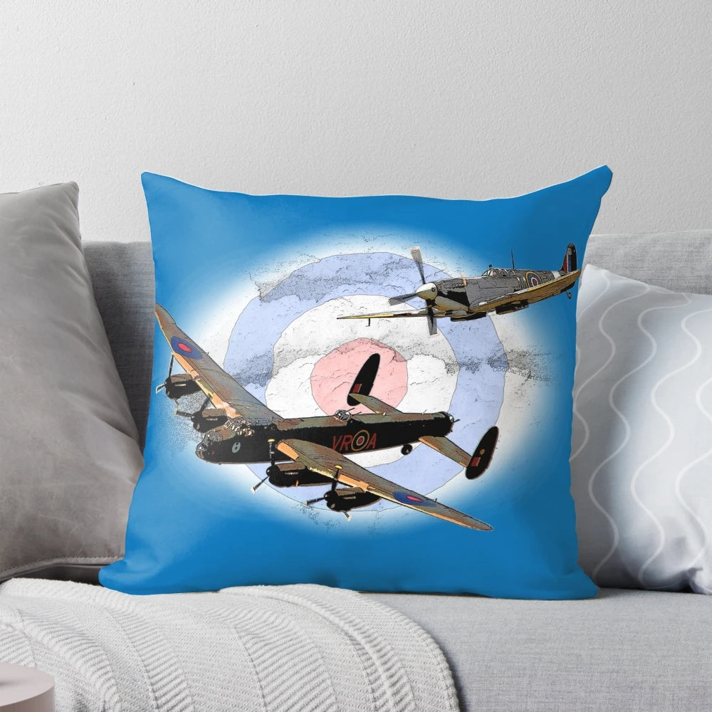 Vintage World War II aircraft pillow featuring the Lancaster bomber and Spitfire fighter