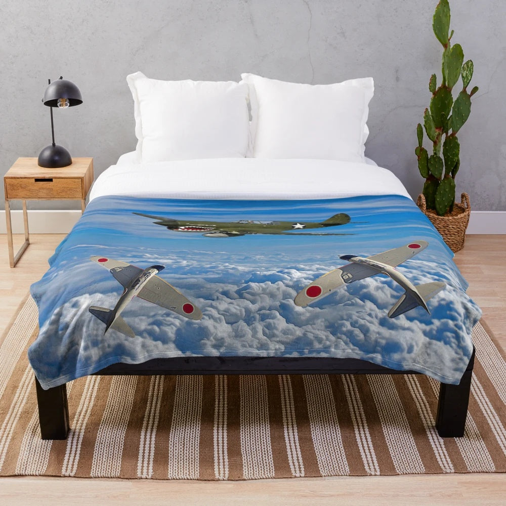 Vintage World War 2 airplane dogfight plush blanket with historical aviation artwork