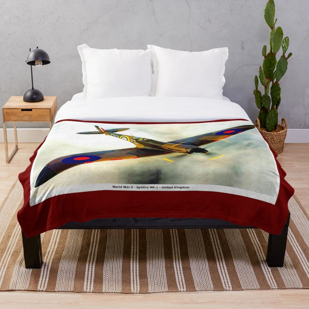 Vintage inspired plush blanket featuring a colorful abstract design of a WWII Spitfire fighter plane