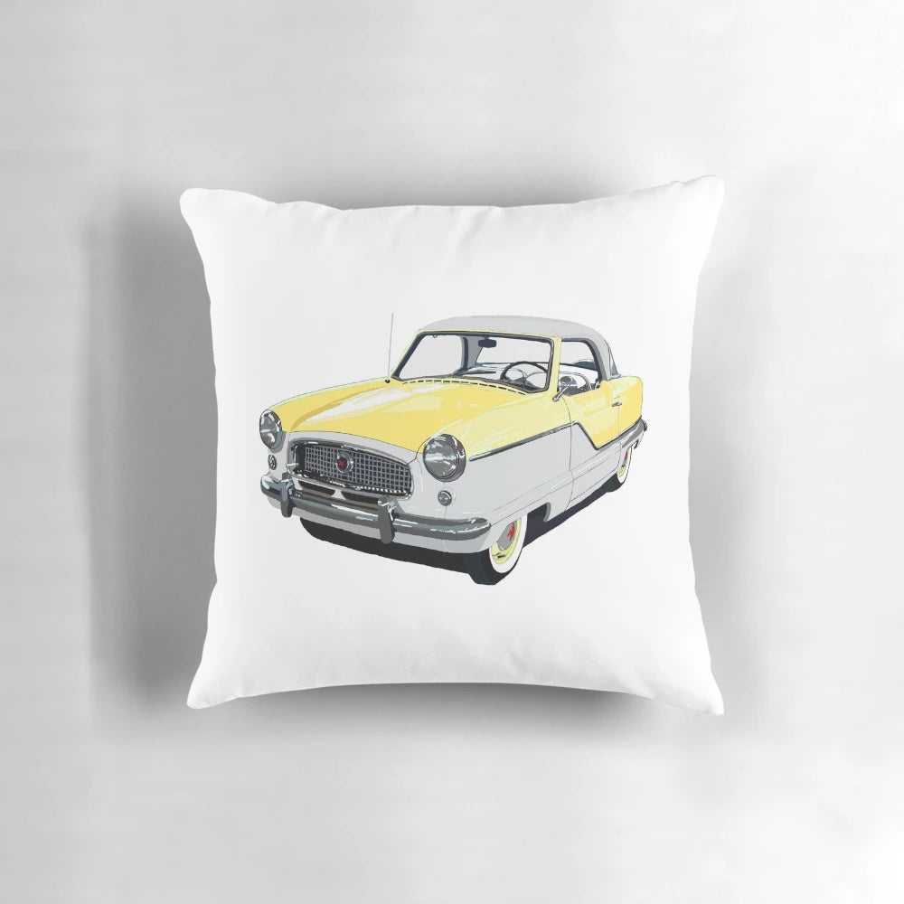 Nostalgic yellow vintage Austin/Nash Metropolitan car pillow with classic design