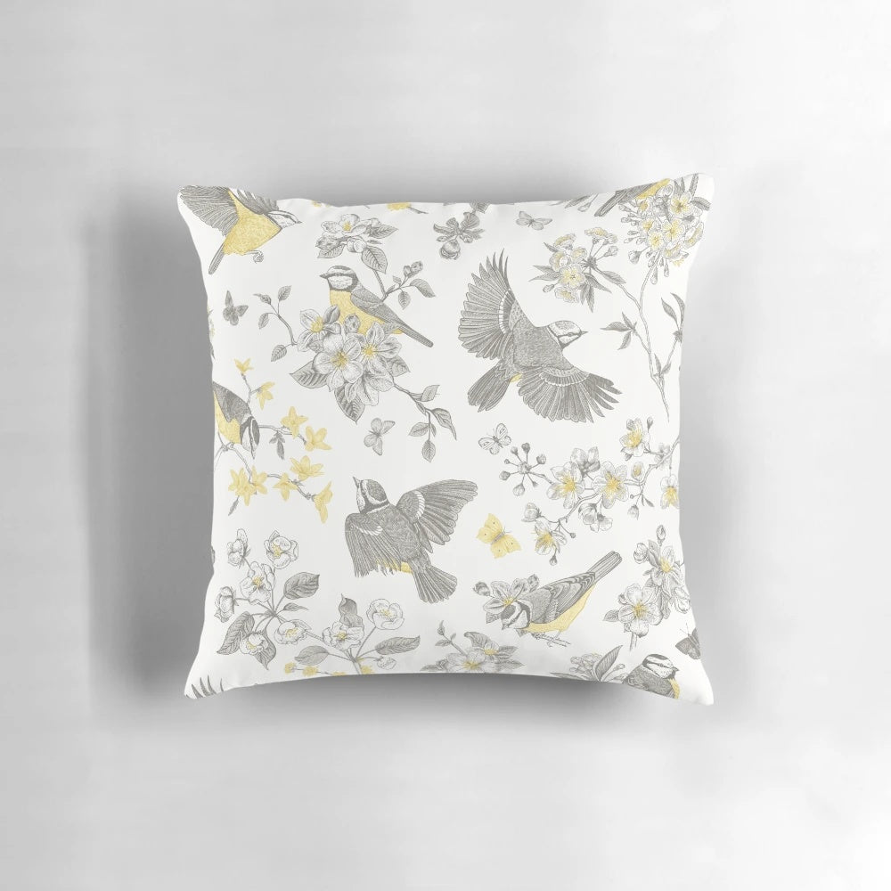 Vintage yellow and grey toile pattern featuring delicate birds, perfect for a cottagecore-inspired garden or bedroom.