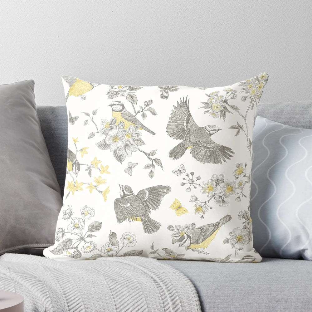 Vintage yellow and grey toile pattern featuring delicate birds, perfect for a cottagecore-inspired garden or bedroom.
