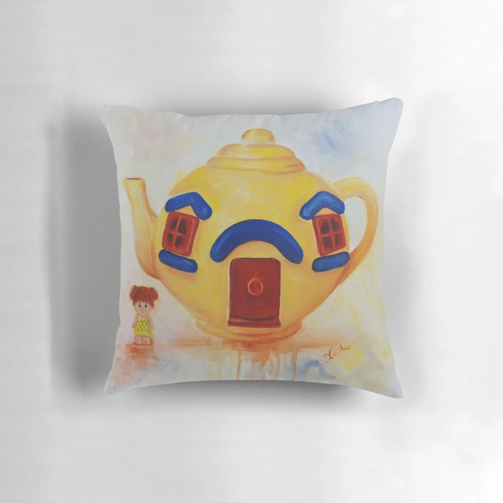 Vintage yellow teapot painting on a decorative pillow